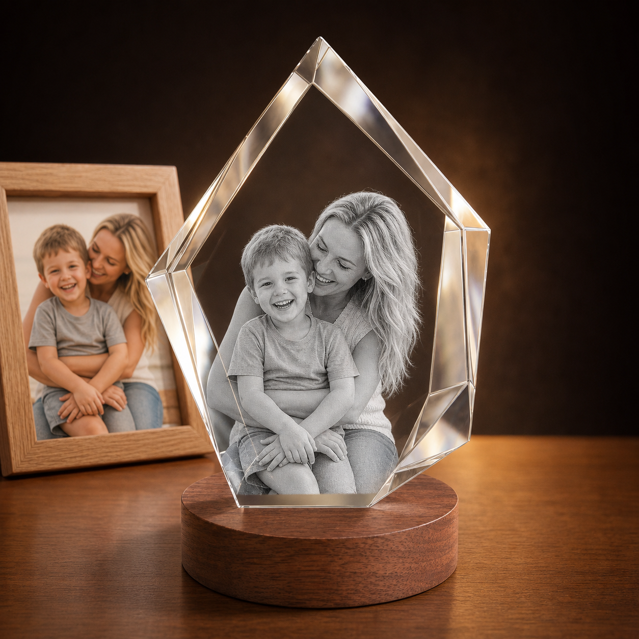 3D Crystal Iceberg personalized parent and child photo engraving on walnut display base