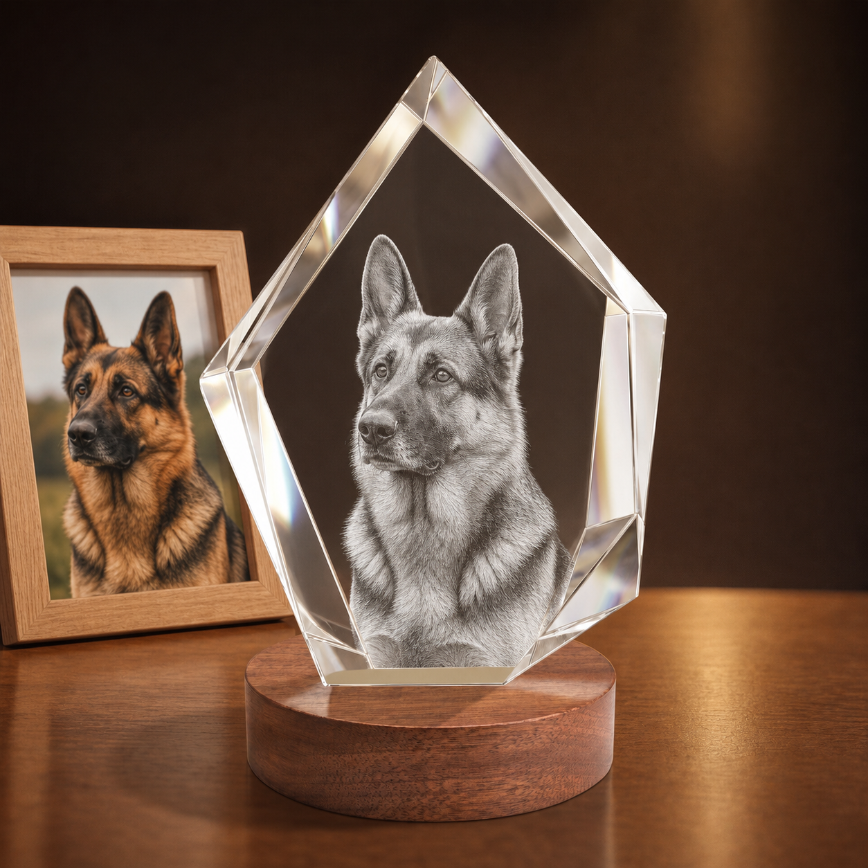 3D Crystal Iceberg personalized pet photo engraving on walnut display base