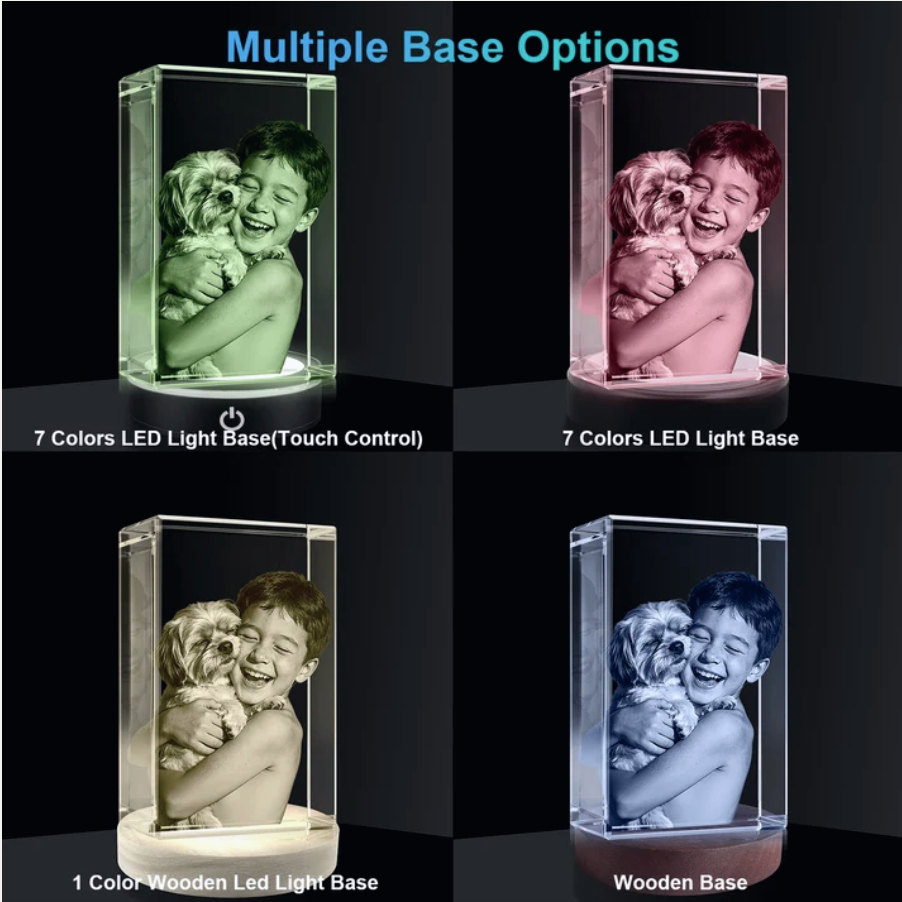 Four light base options: touch-control 7-color LED, standard 7-color LED, one-color wooden LED, and wooden base.