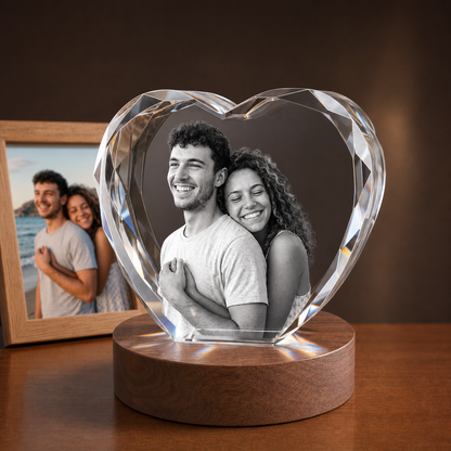 3D Crystal New Heart personalized couple photo engraving on walnut display base