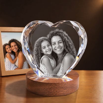 3D Crystal New Heart personalized parent and child photo engraving on walnut display base
