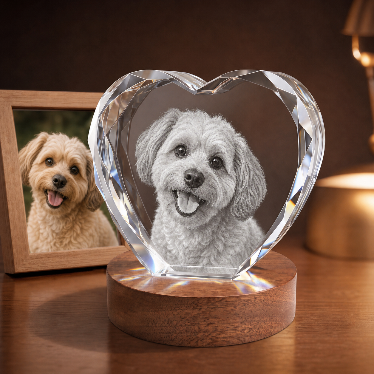 3D Crystal New Heart personalized pet photo engraving on walnut display base