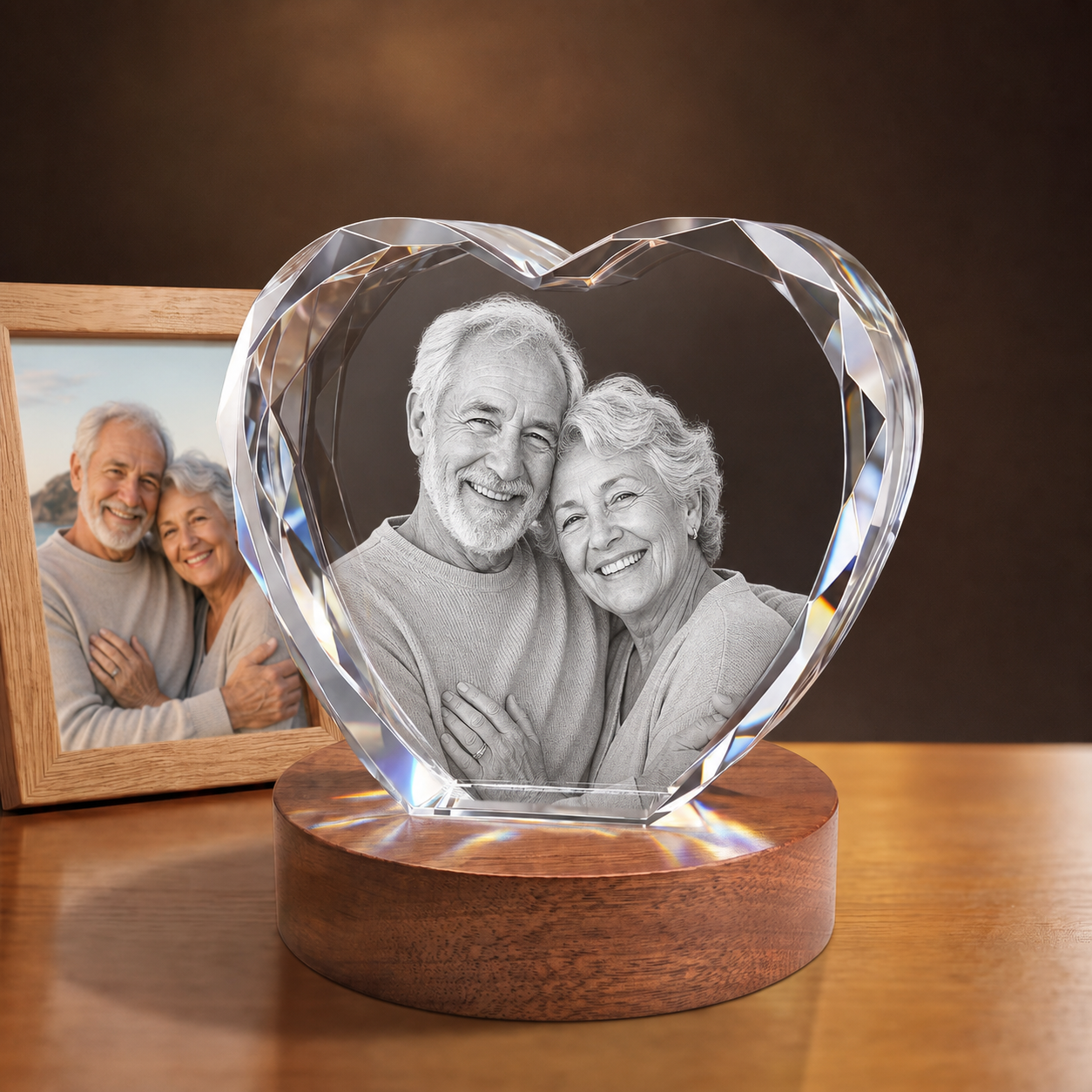3D Crystal New Heart personalized senior portrait engraving on walnut display base