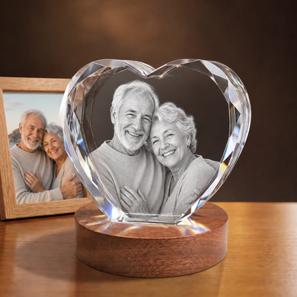 3D Crystal New Heart personalized senior portrait engraving on walnut display base