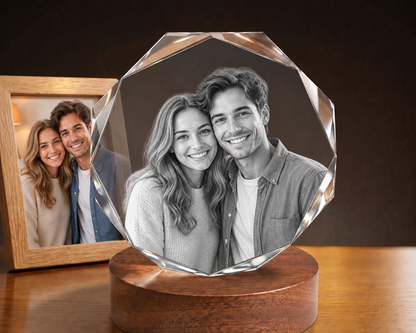 3D Crystal Octagon personalized couple photo engraving on walnut display base