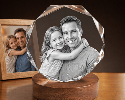 3D Crystal Octagon personalized parent and child photo engraving on walnut display base