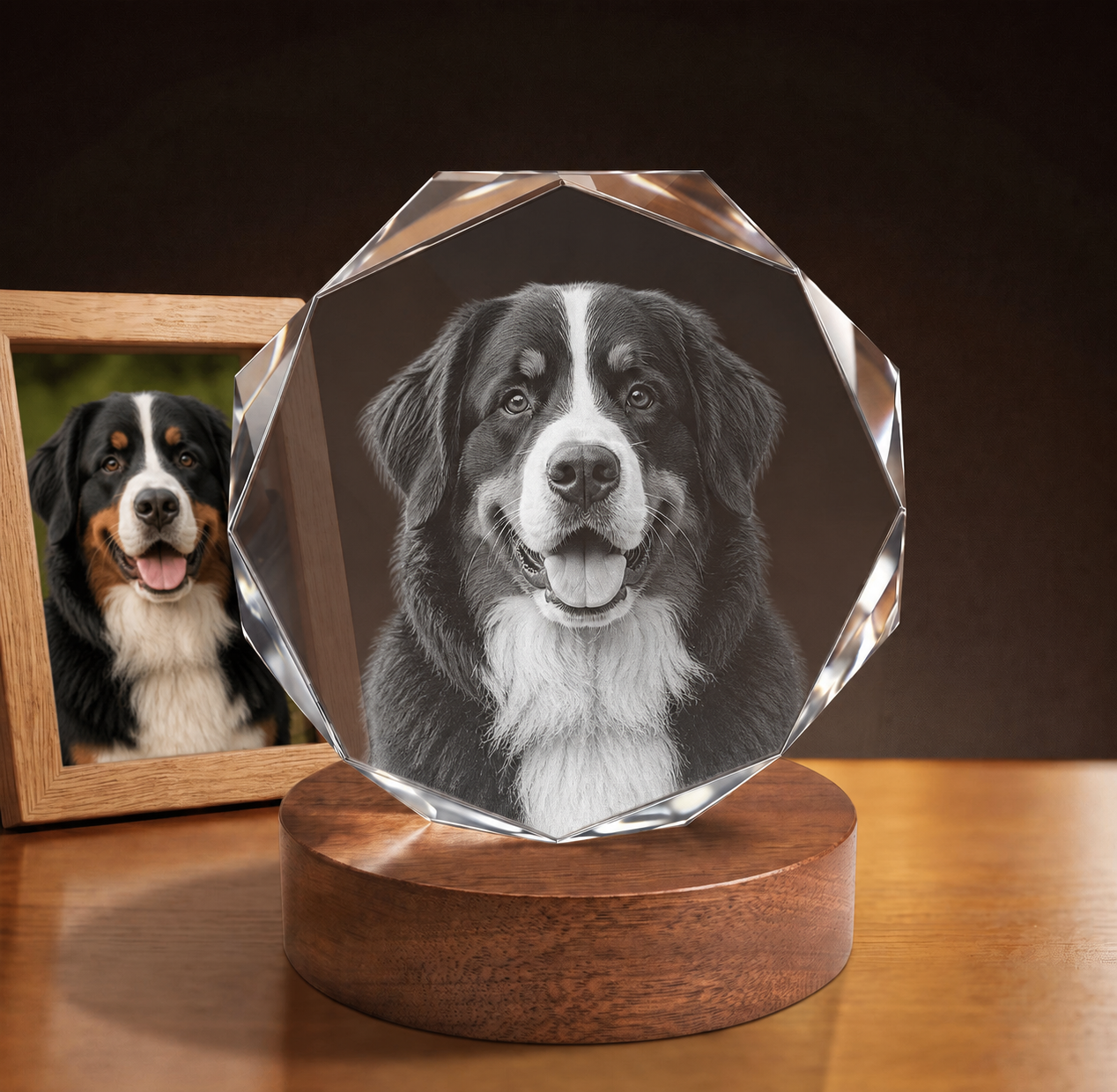 3D Crystal Octagon personalized pet photo engraving on walnut display base