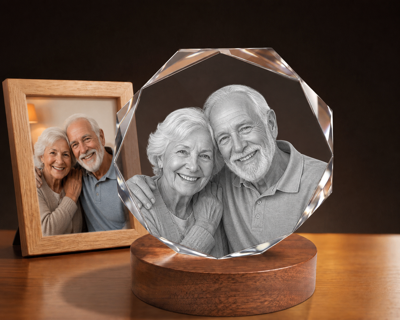 3D Crystal Octagon personalized senior portrait engraving on walnut display base