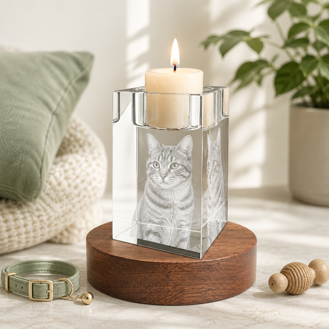 3D Crystal Candleholder Personalized Pet Lover Gift cat portrait lifestyle image