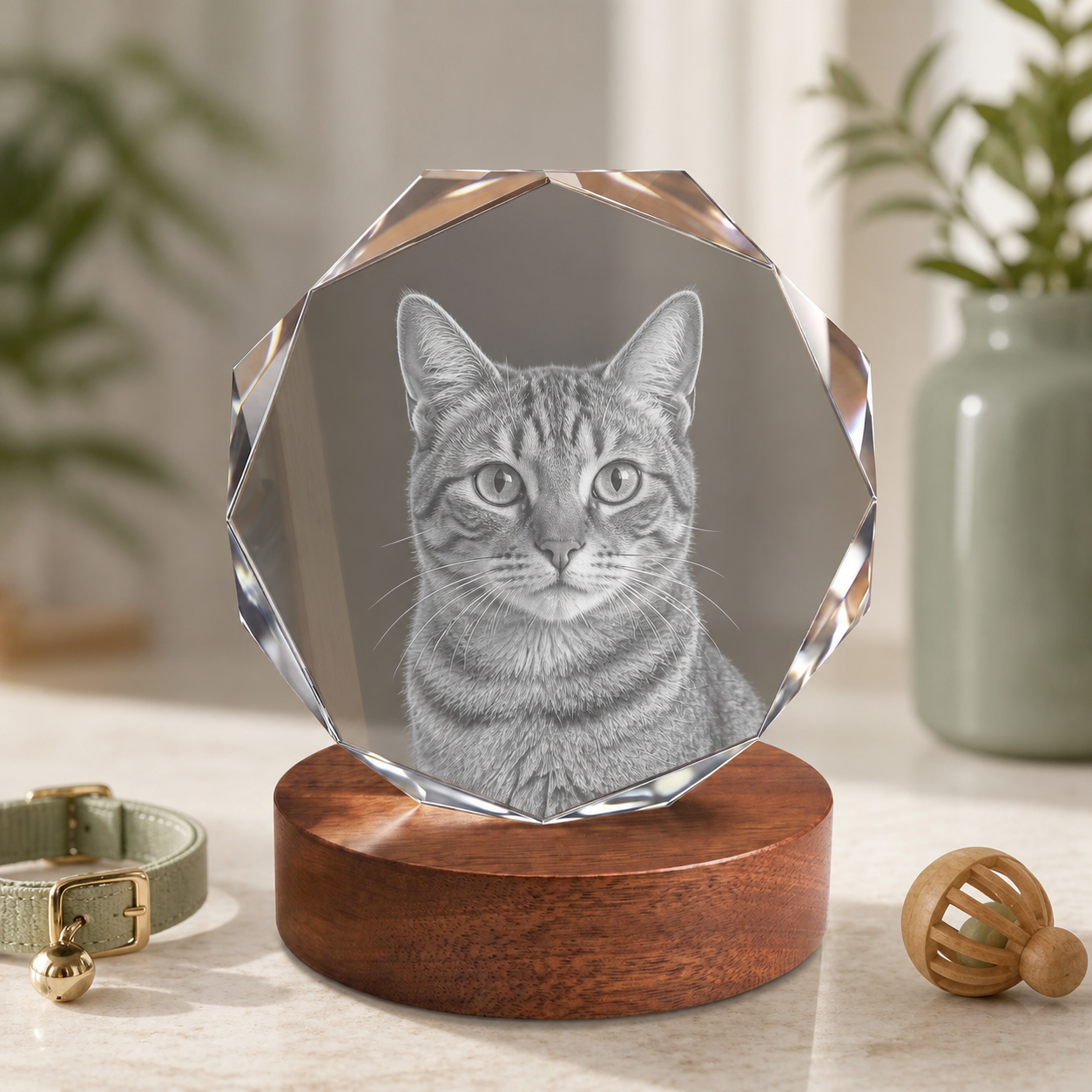 3D Crystal Octagon Personalized Pet Lover Gift cat portrait lifestyle image