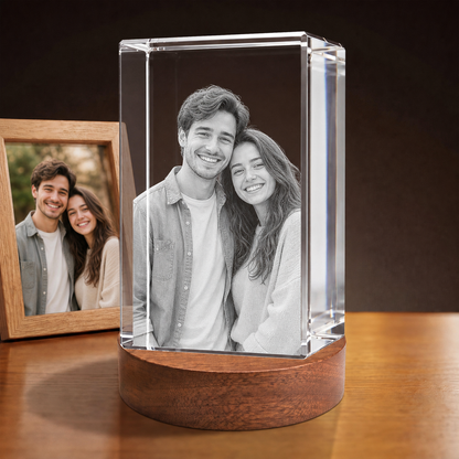 3D Crystal Rectangle personalized couple photo engraving on walnut display base