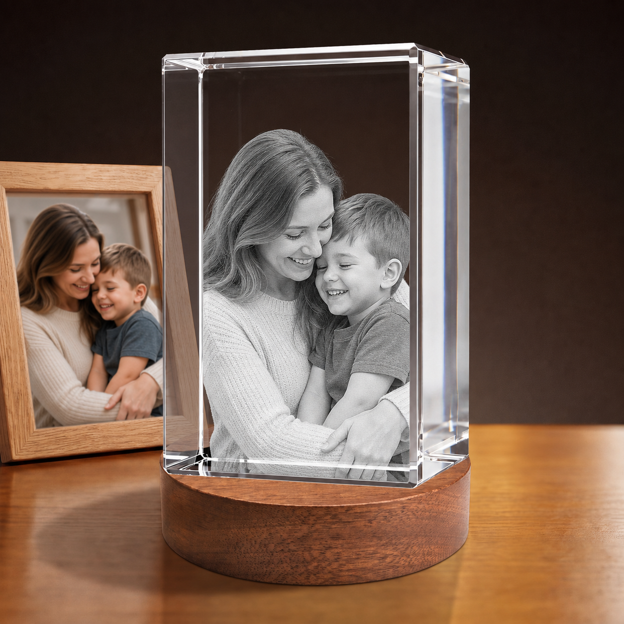 3D Crystal Rectangle personalized parent and child photo engraving on walnut display base