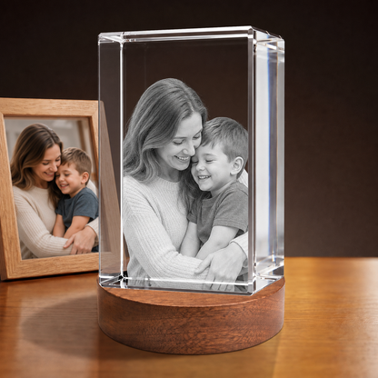 3D Crystal Rectangle personalized parent and child photo engraving on walnut display base