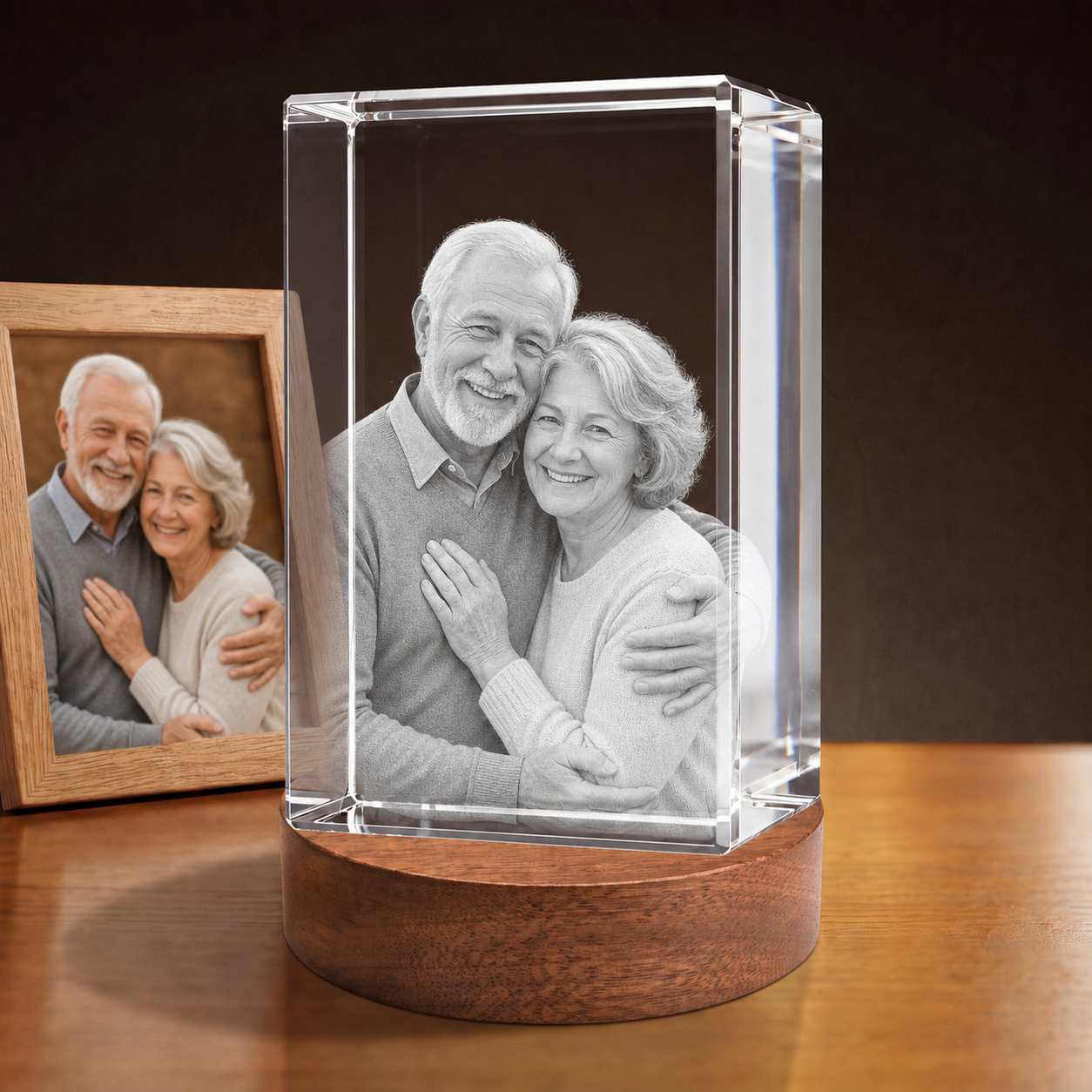 3D Crystal Rectangle personalized senior portrait engraving on walnut display base