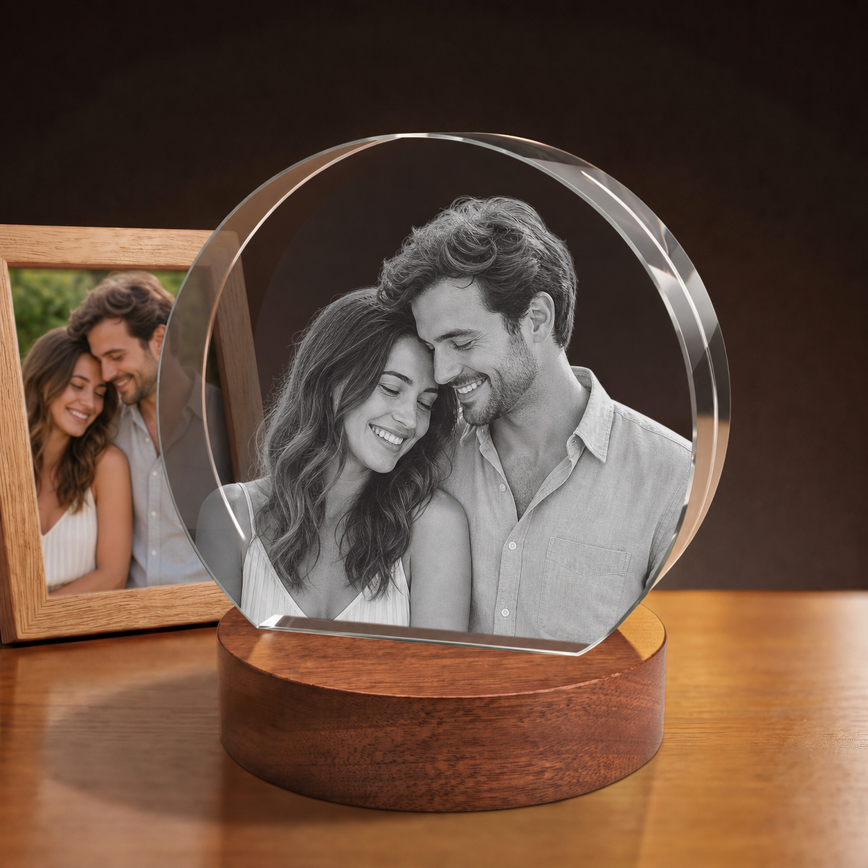 3D Crystal Round Stepped Crystal Disc personalized couple photo engraving on walnut display base