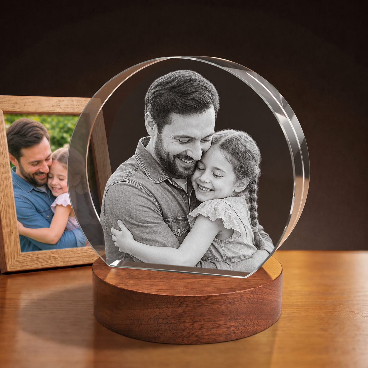 3D Crystal Round Stepped Crystal Disc personalized parent and child photo engraving on walnut display base