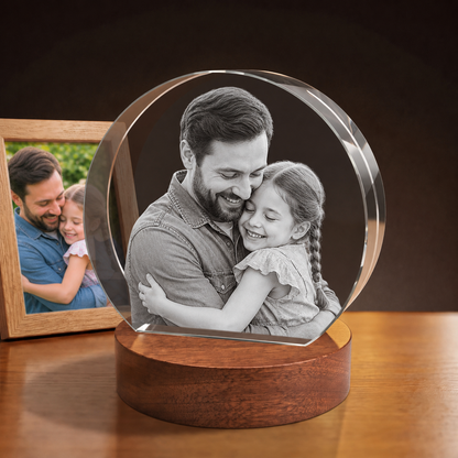 3D Crystal Round Stepped Crystal Disc personalized parent and child photo engraving on walnut display base