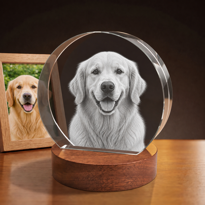 3D Crystal Round Stepped Crystal Disc personalized pet photo engraving on walnut display base