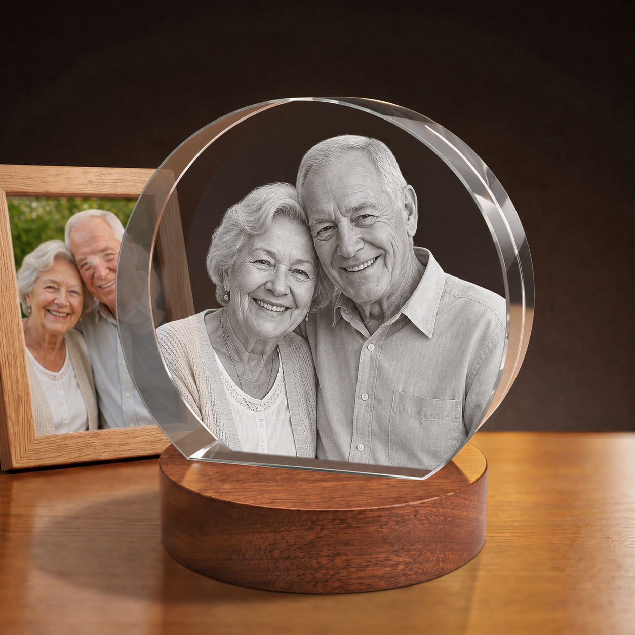 3D Crystal Round Stepped Crystal Disc personalized senior portrait engraving on walnut display base