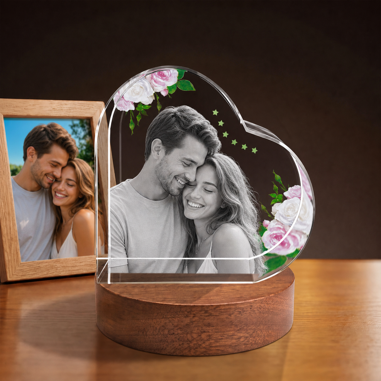3D Crystal Special Heart personalized couple photo engraving on walnut display base