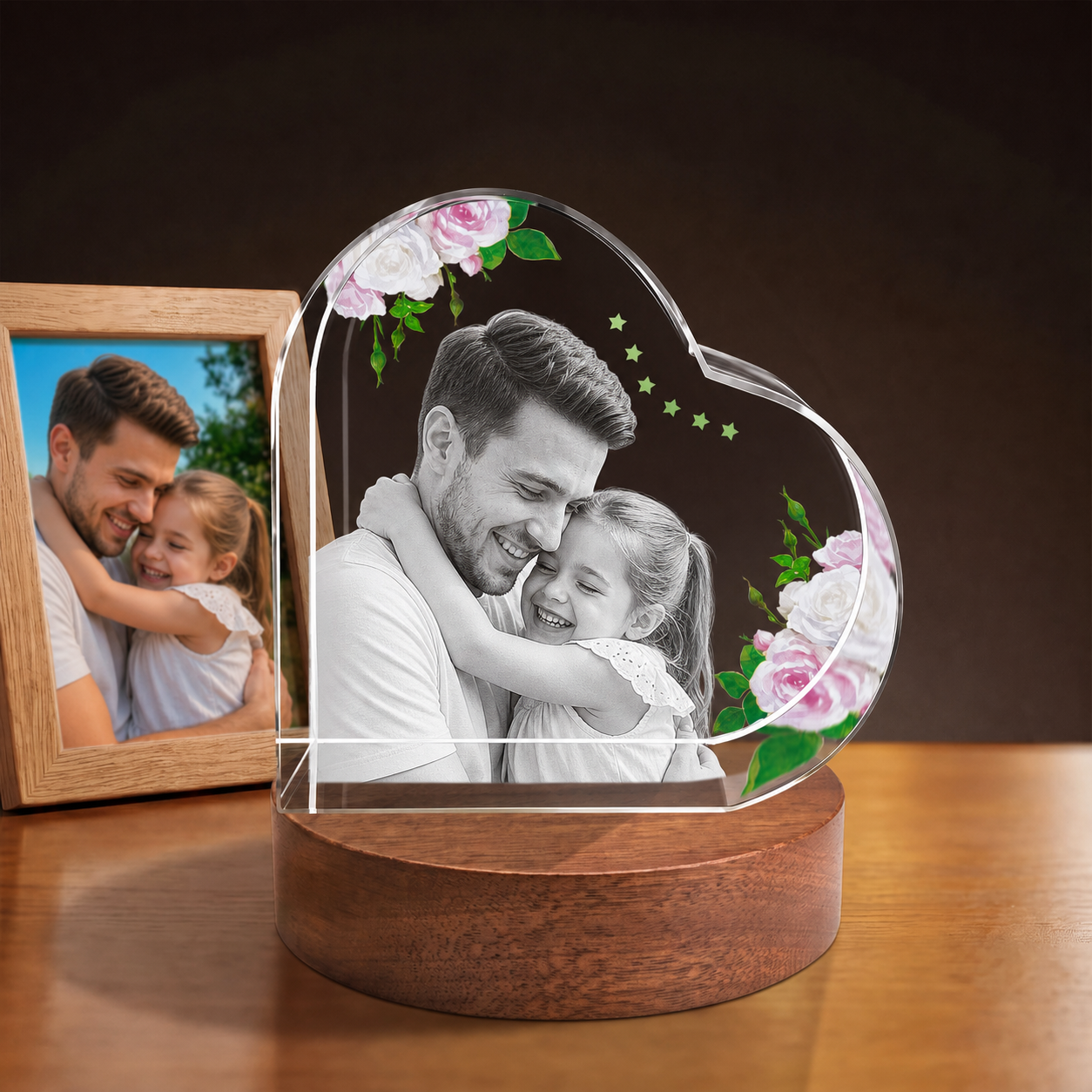 3D Crystal Special Heart personalized parent and child photo engraving on walnut display base