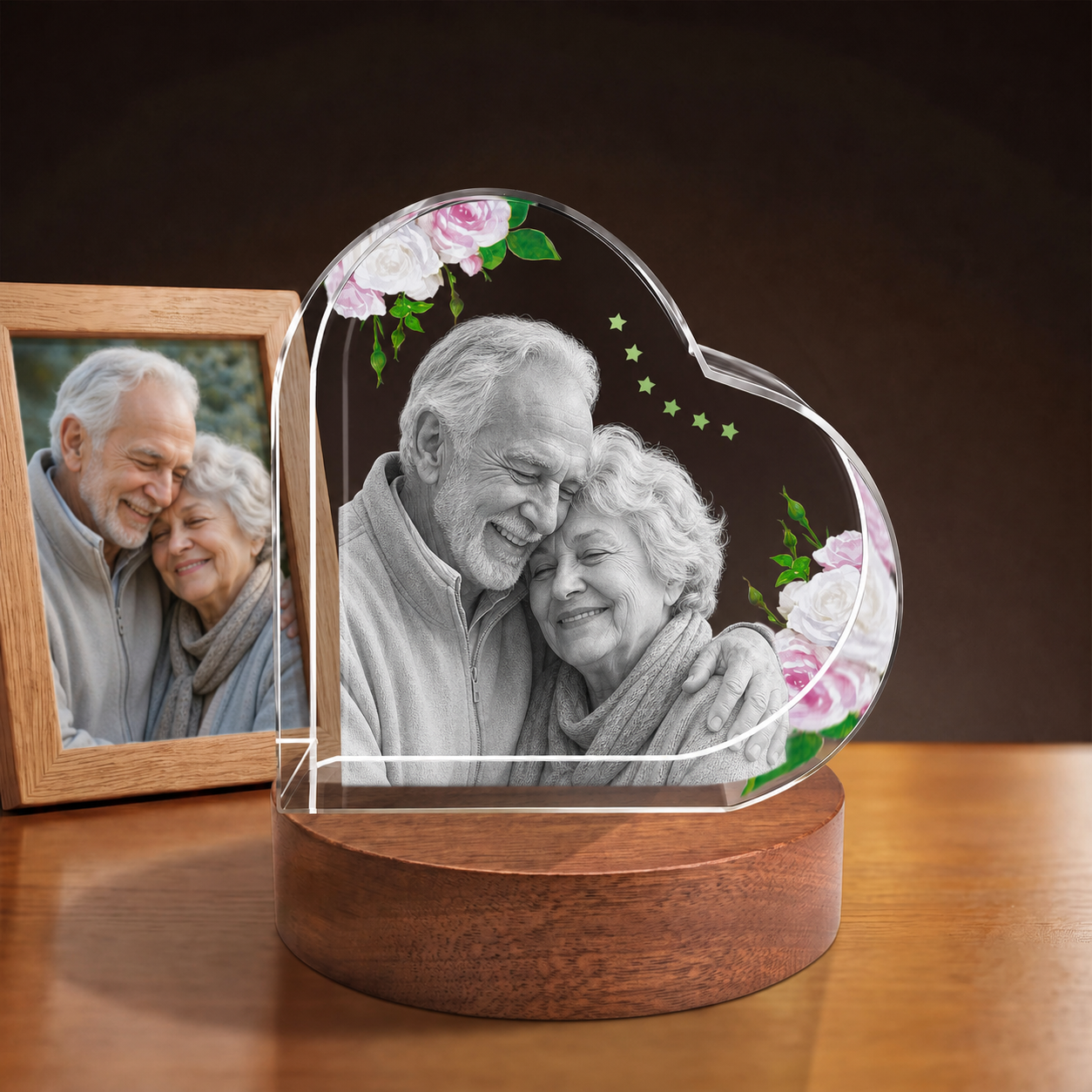 3D Crystal Special Heart personalized senior portrait engraving on walnut display base