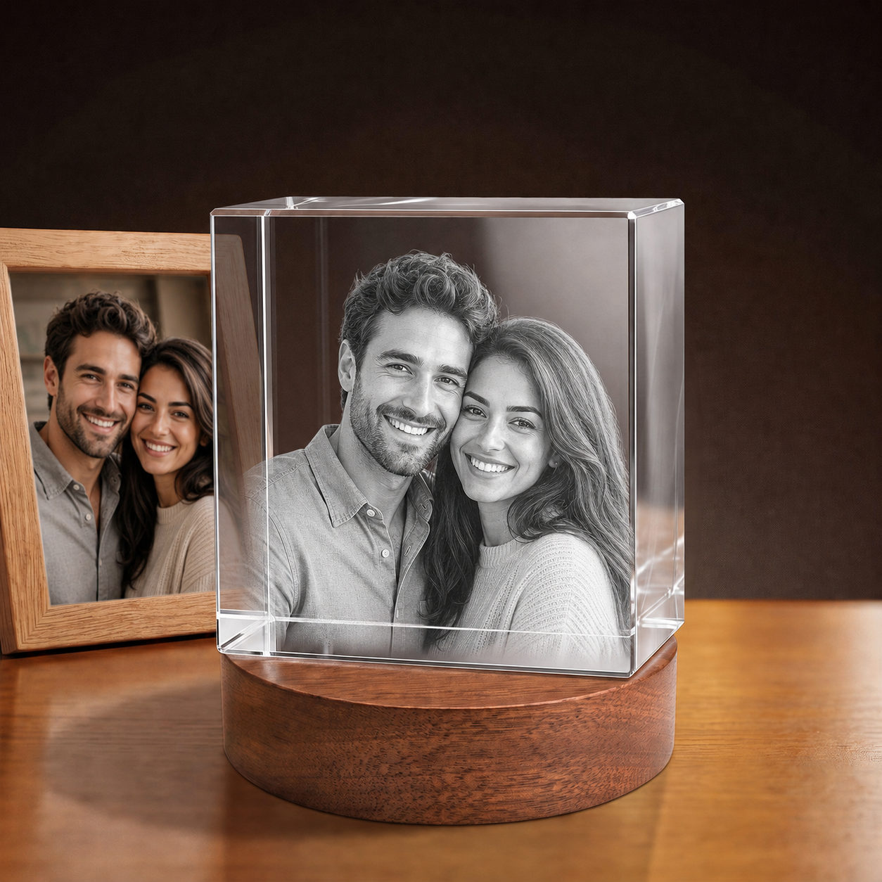 3D Crystal Square personalized couple photo engraving on walnut display base