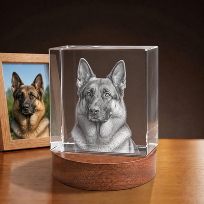 3D Crystal Square personalized pet photo engraving on walnut display base
