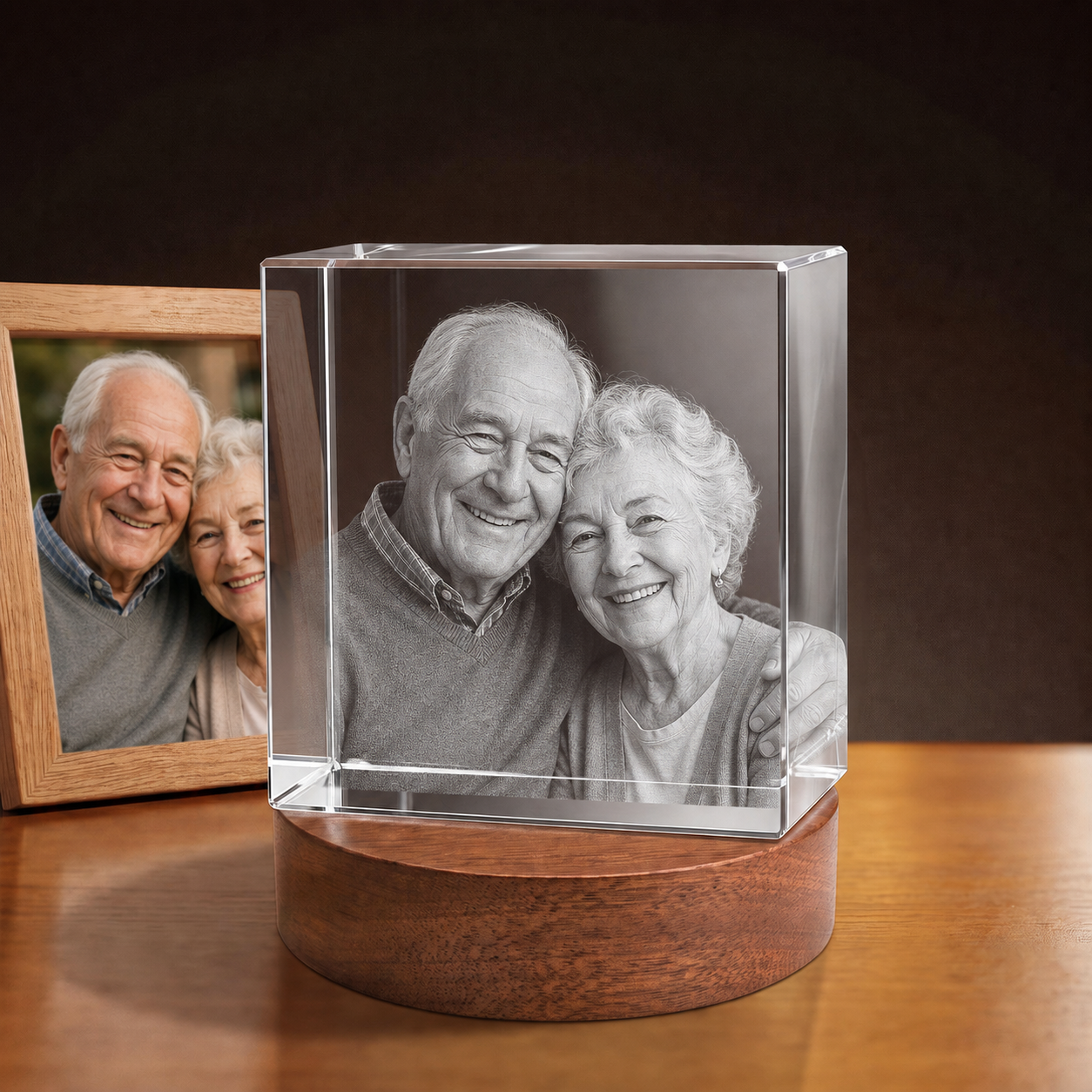 3D Crystal Square personalized senior portrait engraving on walnut display base