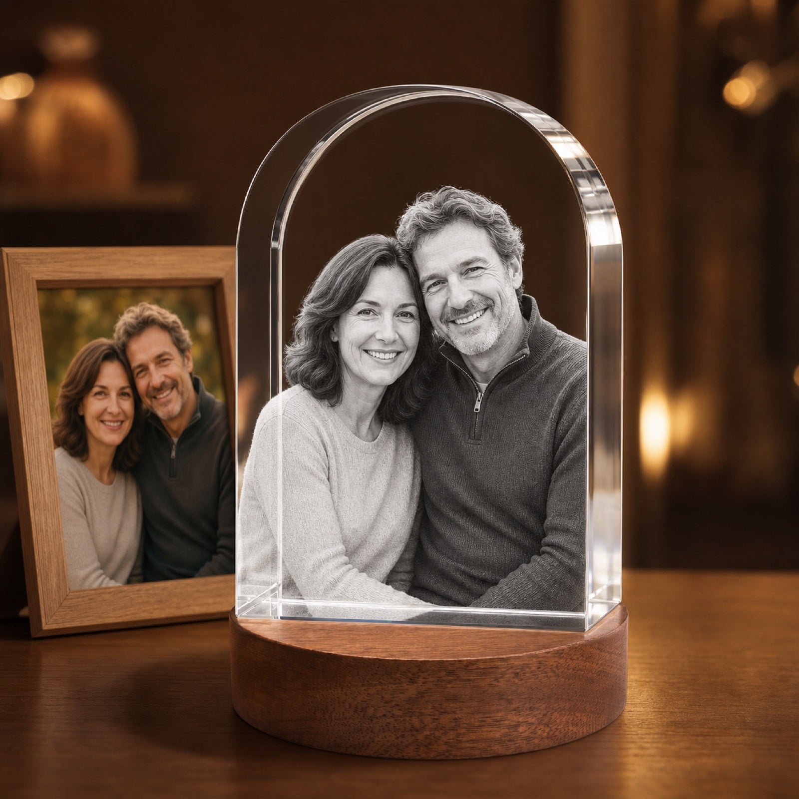 A personalized crystal portrait displayed in a warm home