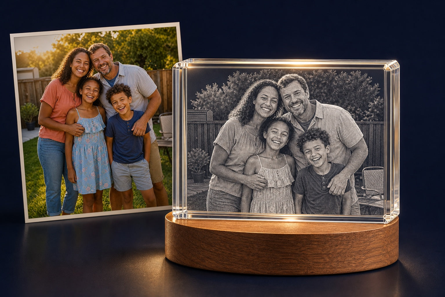 Original family photo beside the finished crystal with its background engraved in polished 2D